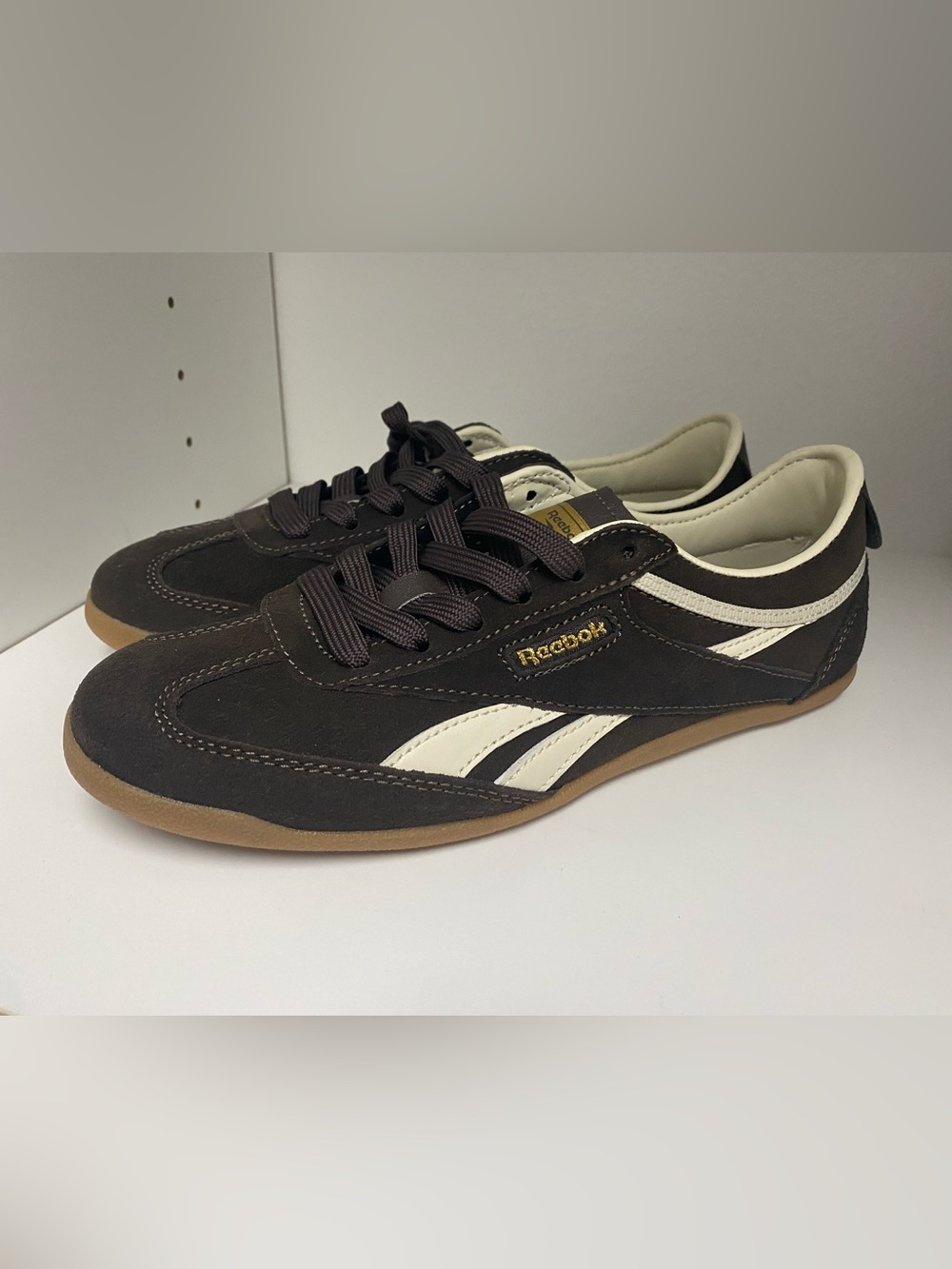 Reebok Women’s Brown Suede Sneakers with White Stripes- NEVER WORN!!